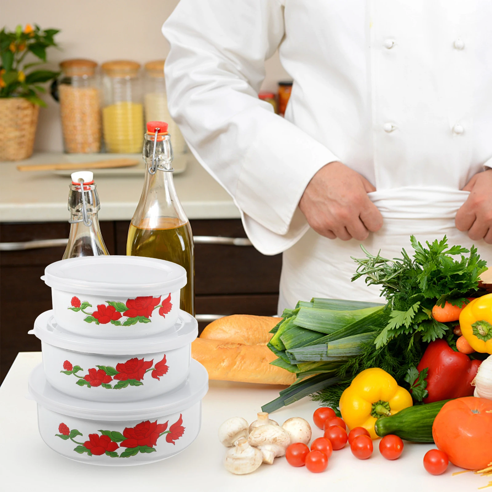 

3pcs Enamel Bowl Set Food Storage Containers For Salad Noodle Lunch Bento Box Office Worker Portable Serving Bowl Kitchen