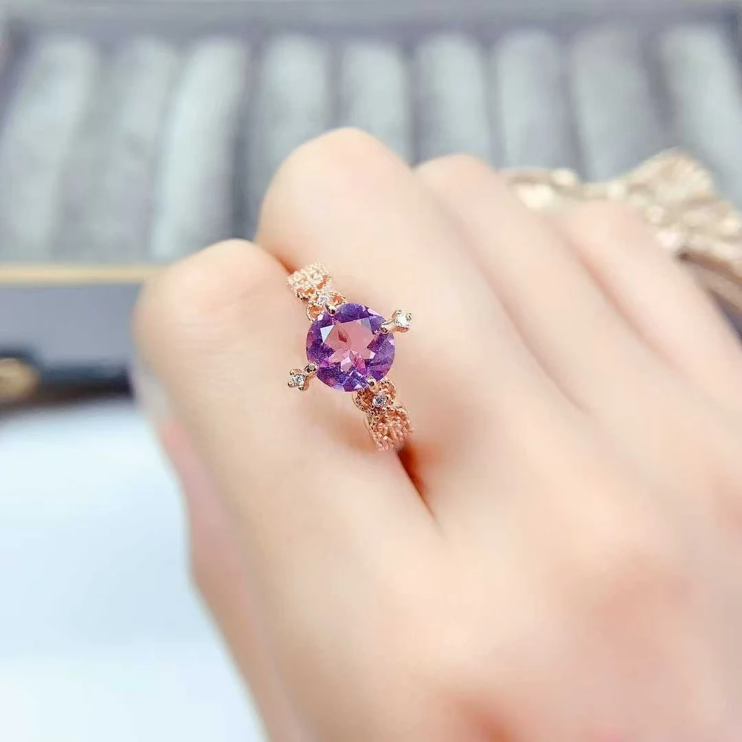 Pure Natural Amethyst Ring 925 Silver Crystal Jewelry 8mm 2ct VVS Grade Brazilian Amethyst Ring