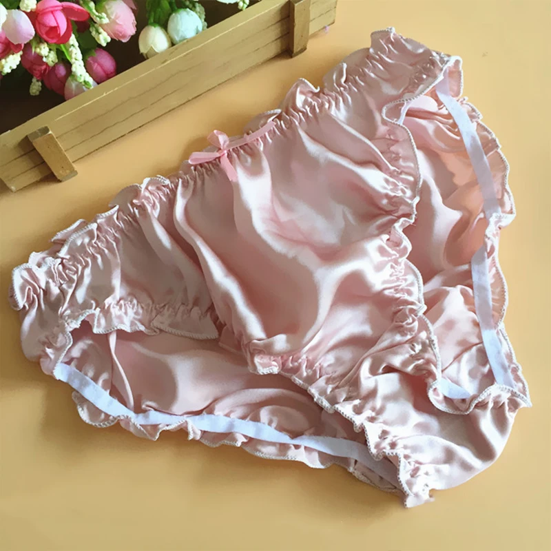 Sexy Women 100% Natural Silk Briefs Panties Summer Large Size Bow Ruffles Female High Quality Breathable Comfortable Lingerie