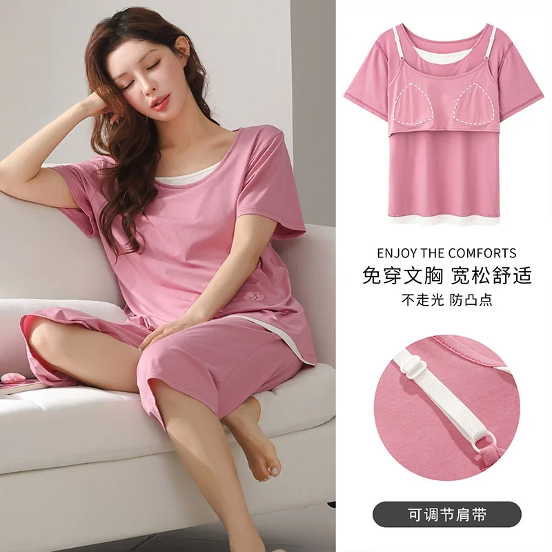 

Big Size M-4XL Summer Women Short Sleeve Pajama Sets Female Modal Home Wear With Chest Pad