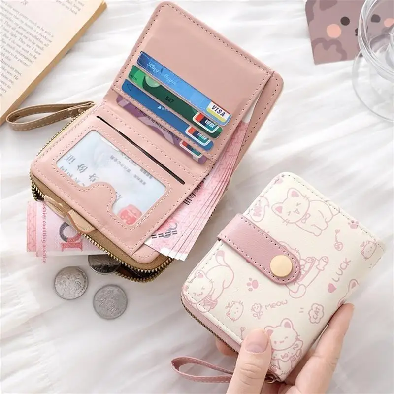 Cute Cat PU Leather Coin Purse Women Fashion Short Wallet Folding Zipper Wallet ID Card Holder Travel Lightweight Cash Coin Bags
