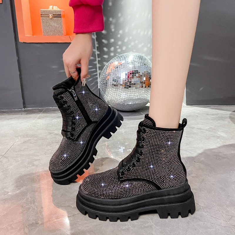 New Fashion Bling Crystal Chunky Ankle Boots for Women Luxury Rhinestones Winter Shoes Woman Thick Bottom Platform  2024 Spring