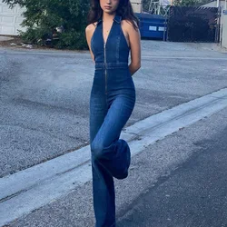 Women's sexy denim jumpsuit sleeveless deep V-neck slim fit tight zipper lapel denim jumpsuit chic Y2K workwear wide leg jeans