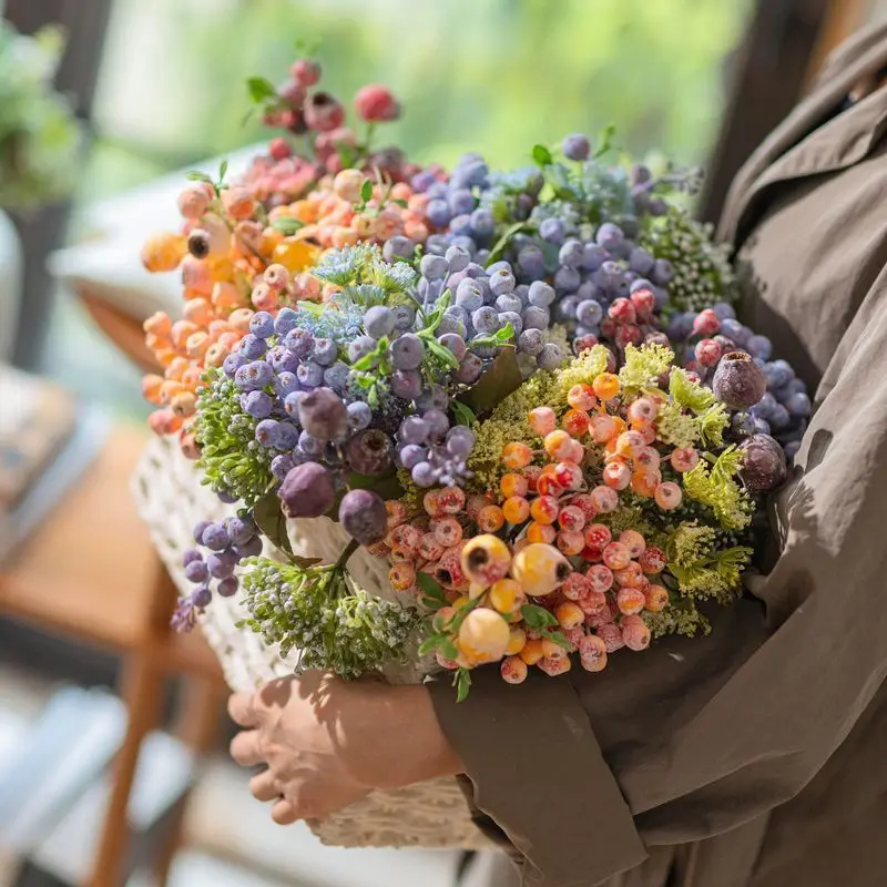 2 Bündel Künstliche Blumen, Beeren, Fruchtpflanzen, Bouquet, Heimdekoration, Ornamente, Brautsträuße, Hochzeitsdekoration, Fotografie-Requisiten – Detail 15