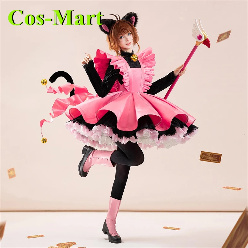 Cos-Mart Anime Sakura Cardcaptor KINOMOTO SAKURA disfraz Cosplay vestido de Sakura uniforme de combate rosa ropa de juego de rol nuevo