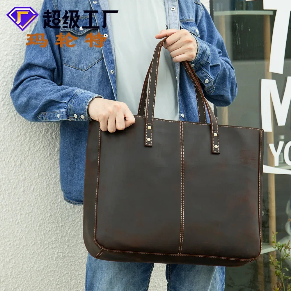 New big brand genuine leather crazy horse leather large capacity vintage shopping bag, handle mother single shoulder tote bag