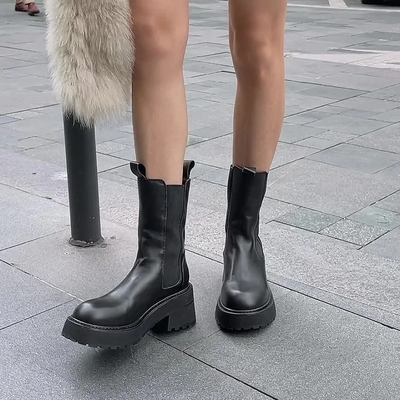 

Platform Ankle Boots Thick Hee Warm Winter Shoes Woman Round Toe Cowhide Platforma Shoes Spring Autumn Chelsea Boots Size 41