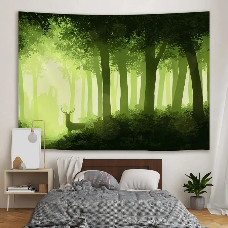 VIKAMA Aquarell-Elch-Wandteppich, Polyester-Wandkunst, minimalistischer grüner Wald-Wandteppich für Wohnzimmerdekoration