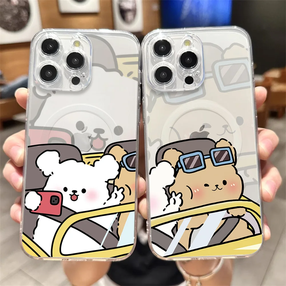 Cute Line Dog Couple Phone Case for iPhone 12 11 13 14 15 16 Max Pro Plus Transparent Magsafe Magnetic Wireless Cover