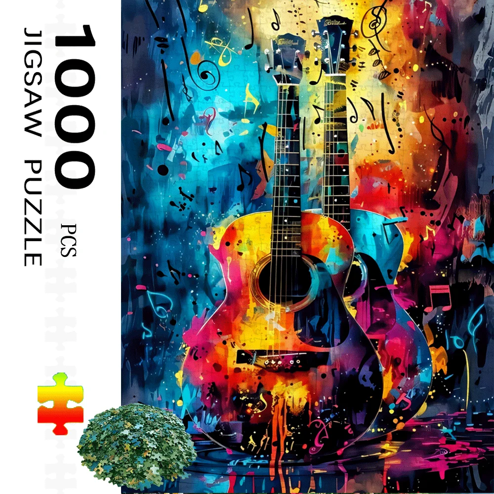 Puzzle dla dorosłych i rodzin z motywem muzycznym - 1000 elementów, grafika z gitarą i nutami muzycznymi w żywych kolorach, wymagające łamigłówka.