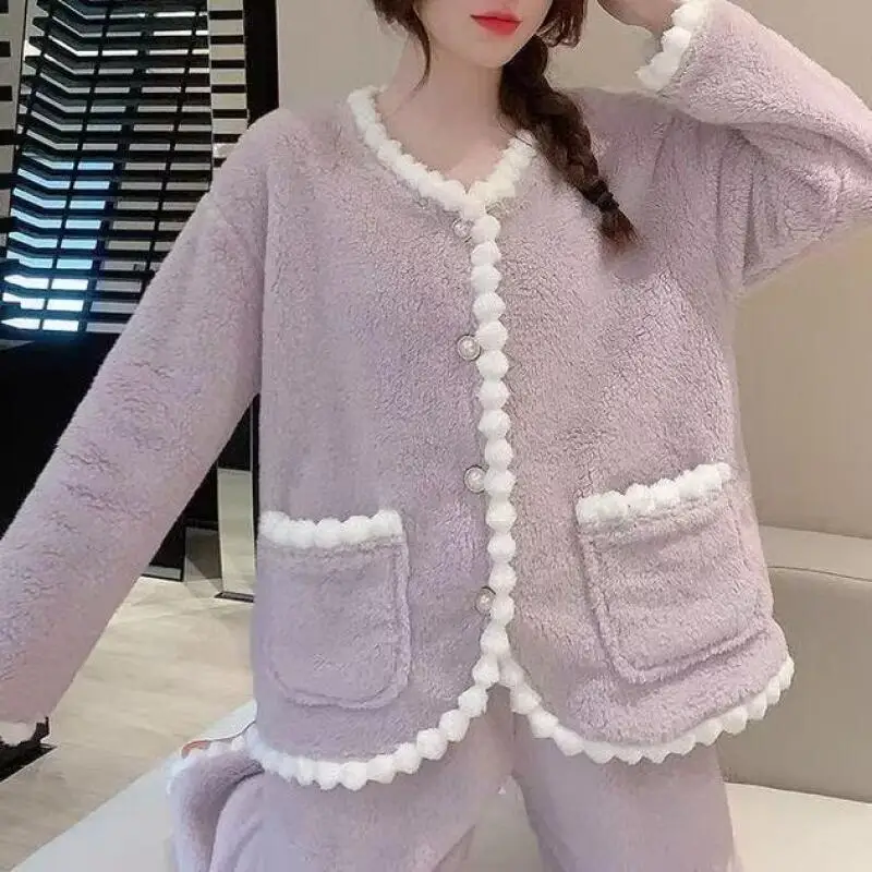 الأميرة الدانتيل المرجان الخامس الرقبة المخملية منامة مجموعات فتاة طويلة الأكمام الحلو Kawaii الترفيه ارتداء الدفء الخريف الشتاء الملابس جديد