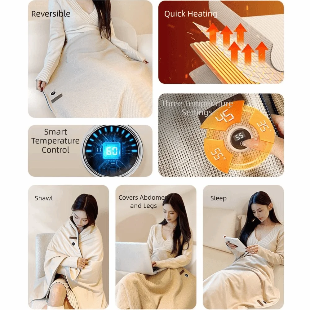 

Носимое одеяло с электрическим подогревом через USB, 3 уровня нагрева, портативная согревающая шаль, моющееся одеяло с подогревом для офиса/дома/кемпинга