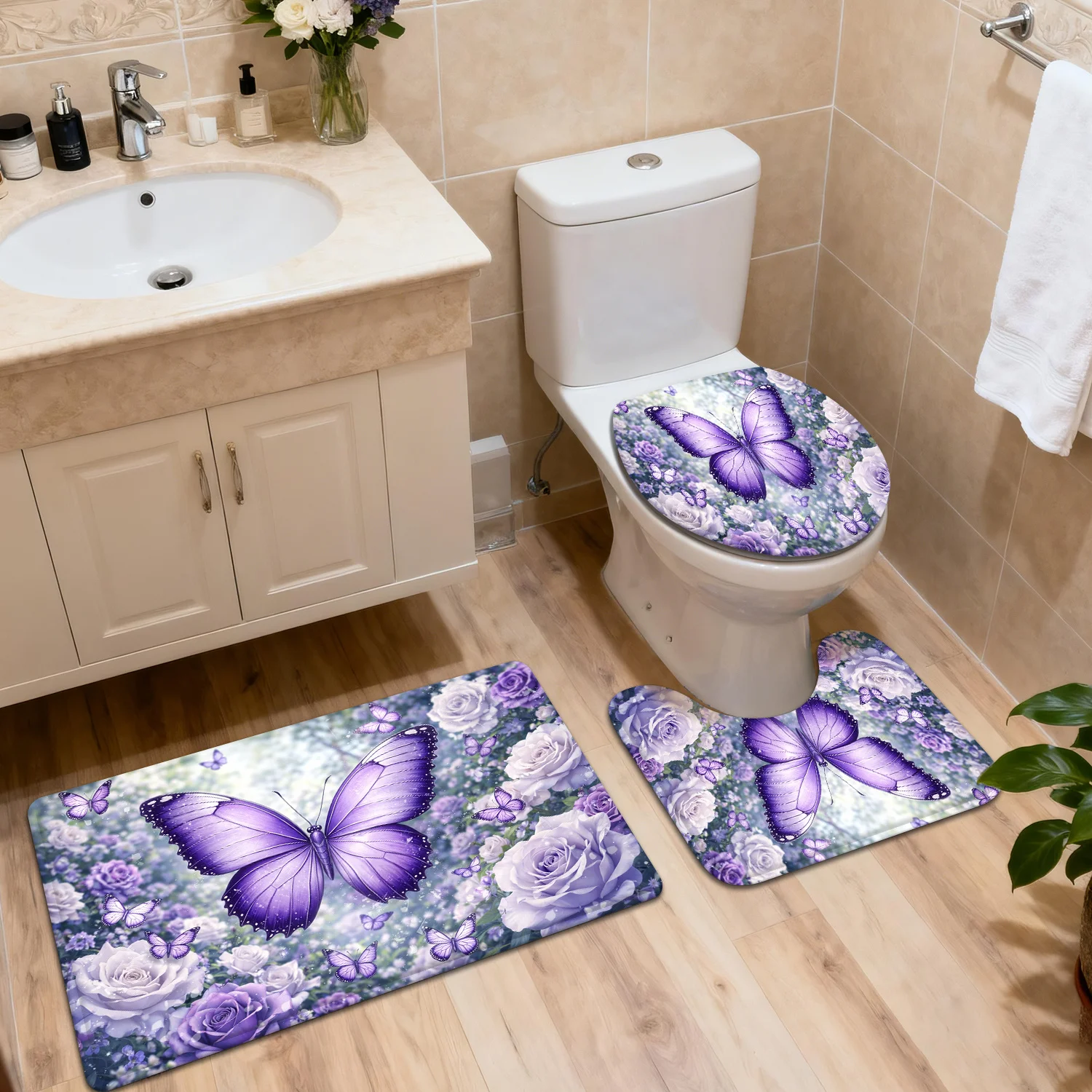 

Butterfly Shower Mat Bathroom Rug Set Plush Floral Home Decor Accessories