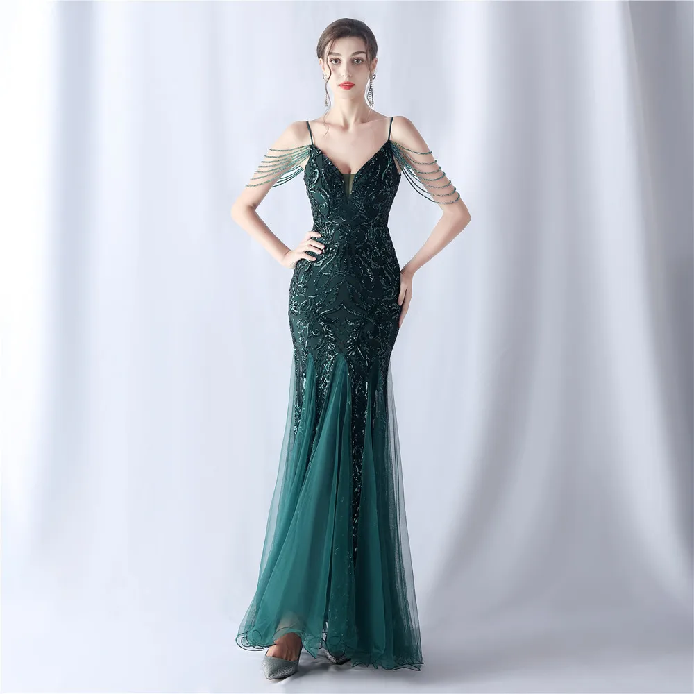 DEERVEADO Luxury Evening Dress with Beads Women\'s Mermaid V Neck Sequin Party Maxi Dress Strap Formal Occasion Dress for Prom