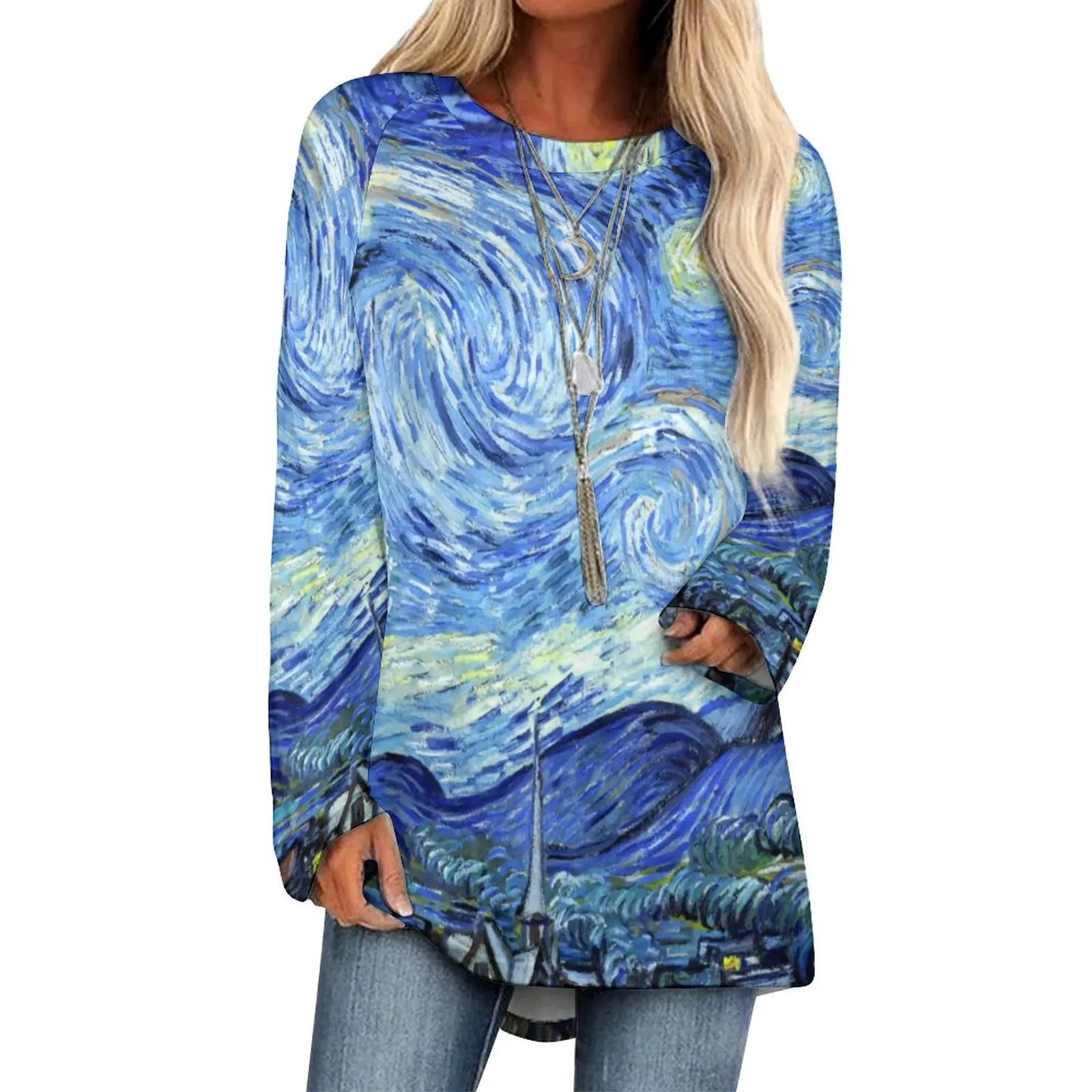 Abstract Star T Shirts Van Gogh Starry Night Street Fashion Long Sleeve T-Shirt Kawaii Printed Tee Shirt Womens Tops Large Size