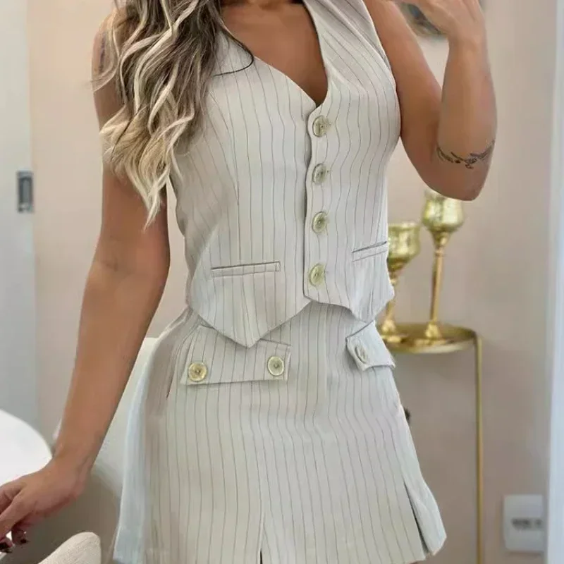 Striped Vest Top & Slit Skorts Set Short Skirt Set Women Two Piece Sets Y2k Vest Tops Work Print Skirts Elegant Splice Summer