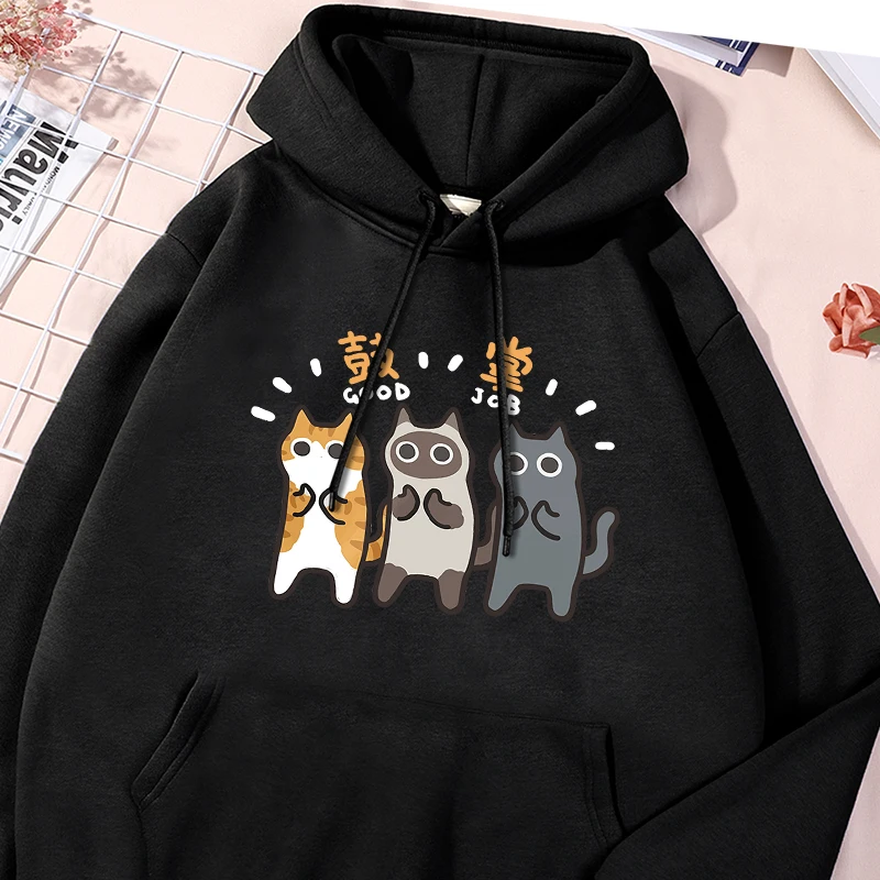 Good Job Cat Print Tracksuit Men Round Neck Oversized Hooded Versatile Comfortable Sportwear Personality Fashion Fleece Clothes