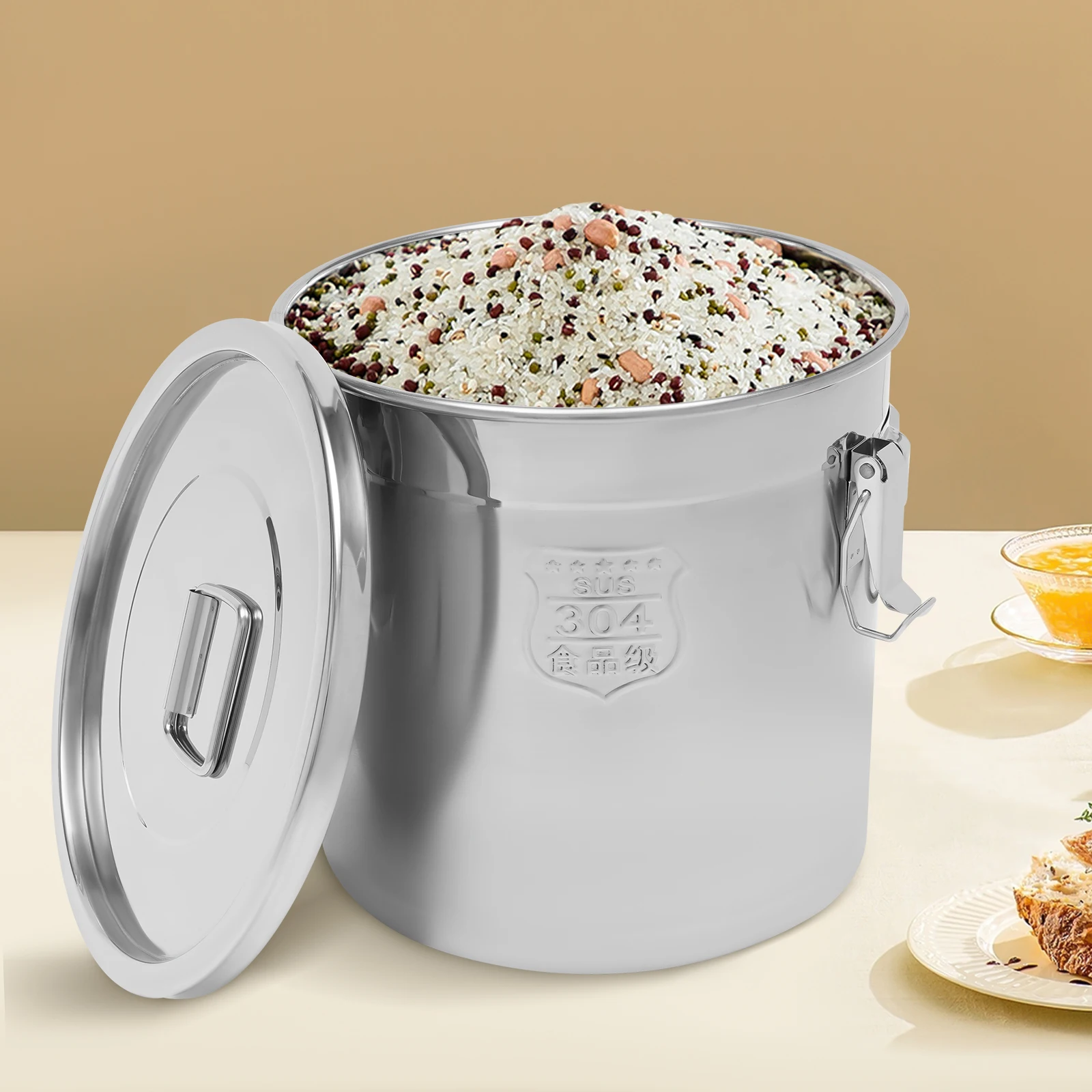 

21L Airtight Rice Bucket Canister Food Storage Container 304 Stainless Steel for Storing Rice, Flour, Cereals, Tea, Spices, etc