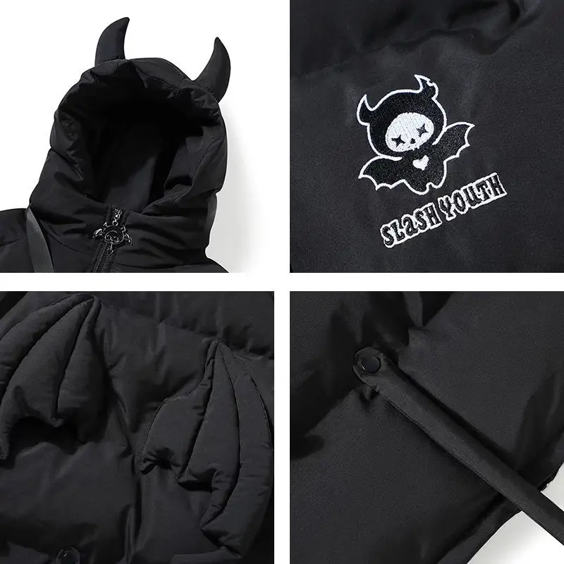 Cartoon Parkas Devil Padded Jacket With Wings Tail Creative High Street Winter Warm Down Coat Halloween Loose Hooded Bubble Coat