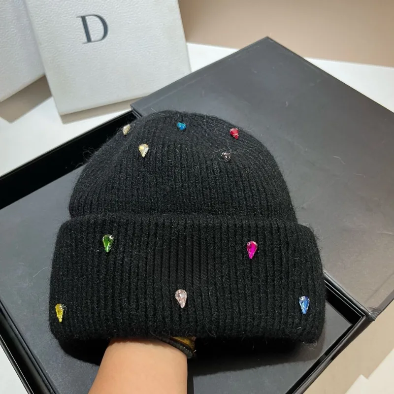 Shiny Fashion Warm Cashmere Wool Skullies Angola Rabbit Fur Winter Knitted Beanies Women Cap Female Three Fold Ski Outdoor Hats
