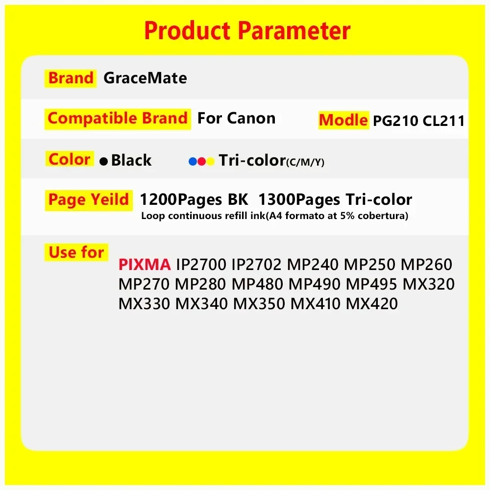 GraceMate PG210 CL211 Refillable Ink Cartridge Replacement for Canon PG 210 CL 211 for Pixma IP2700 IP2702 MP240 MP250 MP260