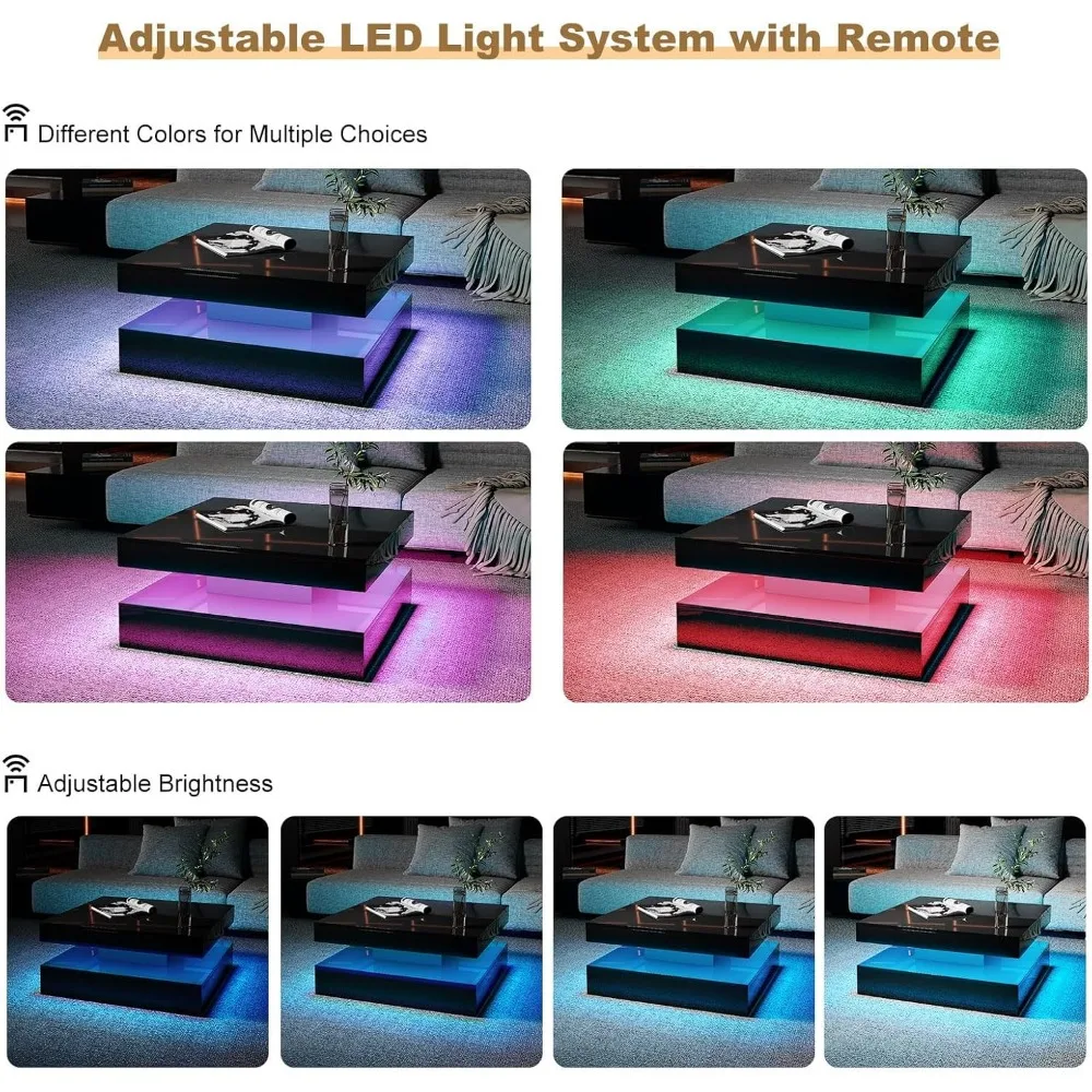 طاولة قهوة LED سوداء معاصرة لمساحات المعيشة، طاولة مركزية مربعة مزدوجة المستوى لغرف المعيشة، خشبية قابلة للتخزين C