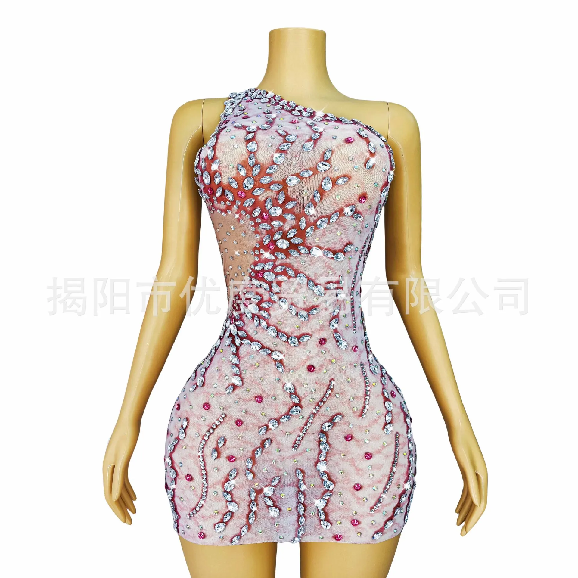 

2026Design Niche Powder Single Shoulder Handmade Rhinestone Dress Cocktail Party Evening Dress Performance Short Skirt Wheel Sea