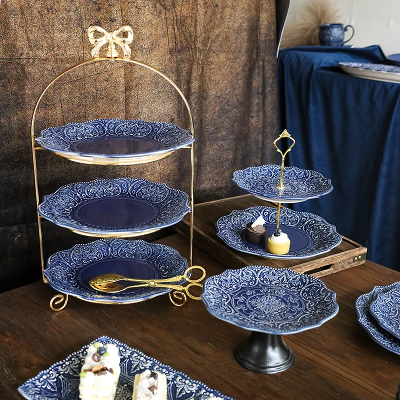 retro court dessert table display stand multi-layer ceramic snack tray double-layer cake stand fruit tray cold meal coffee b