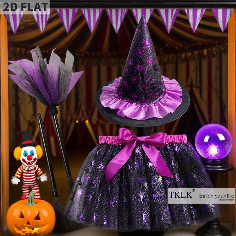 مجموعة واحدة من الأزياء والدعامة Spoktacular Creations زي ساحرة الهالوين، فستان مع قبعة ومكنسة، مجموعة ملابس الخفافيش للعب الأدوار