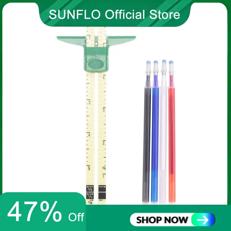 SUNFLO T-Shaped Sliding Gauge Sewing Measurement, Using 4 Colors Of Fabric Thermal Erasing Pen, 5 In 1 Sewing Ruler Tool