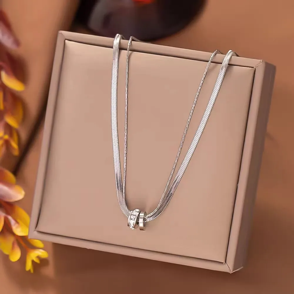 Trendy Stainless Steel Double Layer Necklace for Women Fashion Crystal Bead Pendant Necklaces Clavicle Chain Party Jewelry image 3