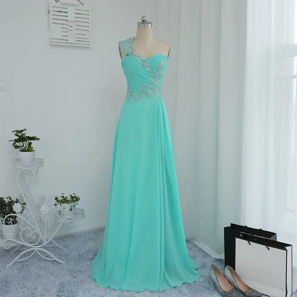 Turquoise Prom Dresses A-line One-shoulder Chiffon Beaded Slit Sexy Long Prom Gown Evening Robe De Soiree Customized