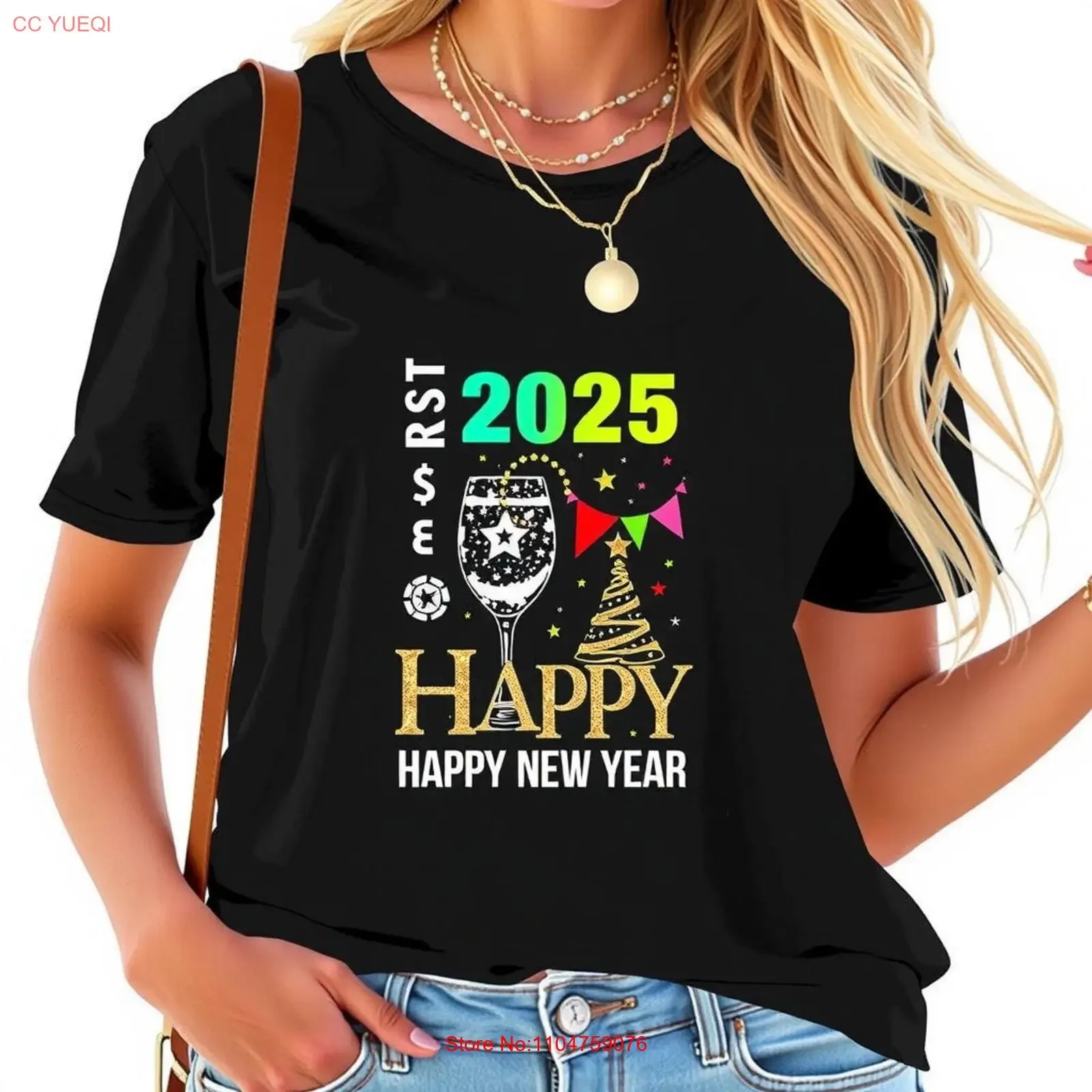 Camiseta festiva negra d para Año Nuevo de 2025, con brillo, vintage, lavada, transpirable, elegante, unisex, versátil y cómoda