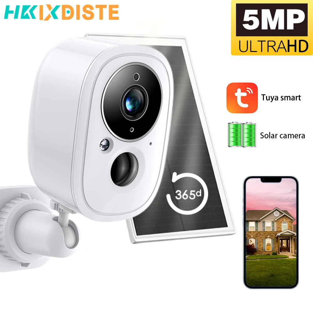 

5MP Tuya 2.4Ghz WiFi Battery Solar Power Outdoor Security PIR Spotlight Color Night Vision CCTV Surveillance Siren IP Camera
