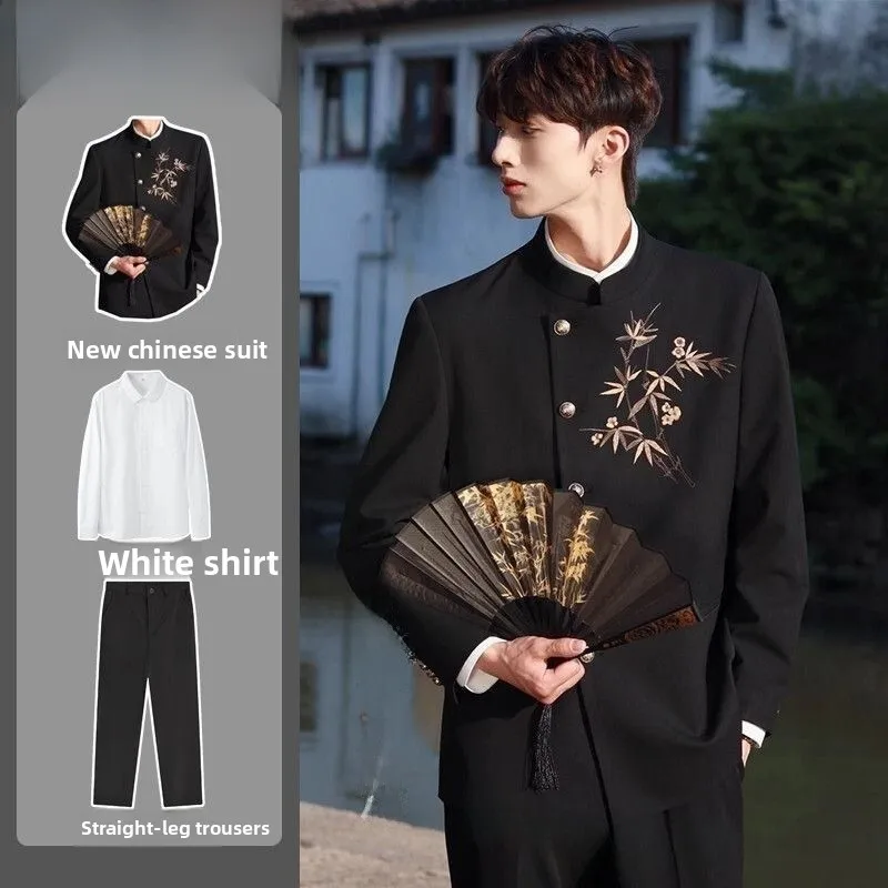

Мужской пиджак для свадьбы и помолвки в китайском стиле с вышивкой бамбуком, воротником-стойкой, двумя разрезами, стандартный крой