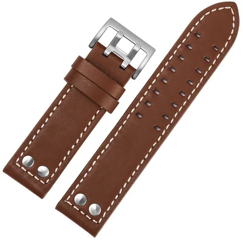 For Hamilton Watch Strap Genuine Leather Cowhide Steel Special Buckle Men\'s Khaki Jazz Eternal 20 22mm Double Hole Watchband