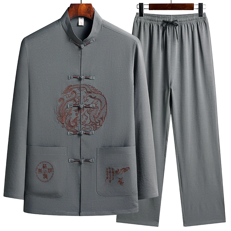 

Tang Suit (top + Pants) Middle-aged and Elderly Chinese Crepe Linen Chinese Style Pan Buckle Embroidery Lay Dress Hanfu Suit