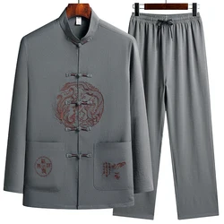 Tang Suit (top + Pants) Middle-aged and Elderly Chinese Crepe Linen Chinese Style Pan Buckle Embroidery Lay Dress Hanfu Suit