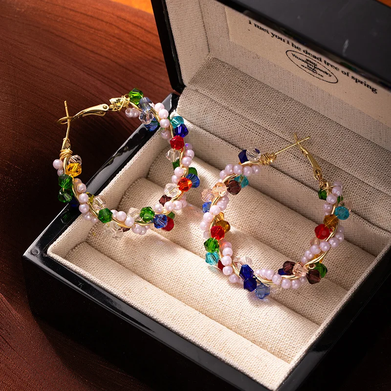 Trendy Sweet Collision Colors Crystal Pearl Hoop Earrings For Women Chic Colorful Ears Accessories Jewelry Daily Party Wear Gift