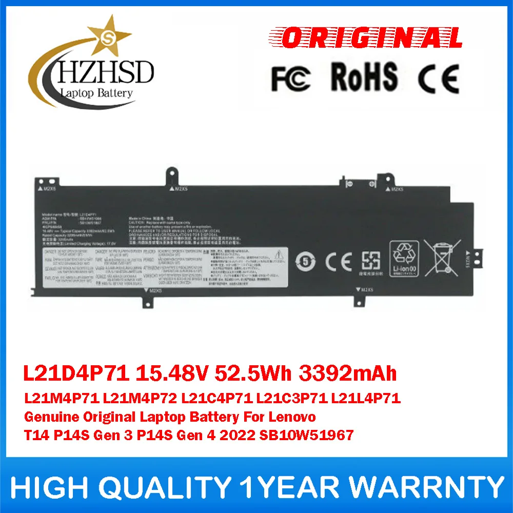 

Оригинальная батарея для ноутбука Lenovo T14 P14S L21D4P71 15.48V 52.5Wh 3392mAh L21M4P71 L21M4P72 L21C4P71 L21C3P71 L21L4P71