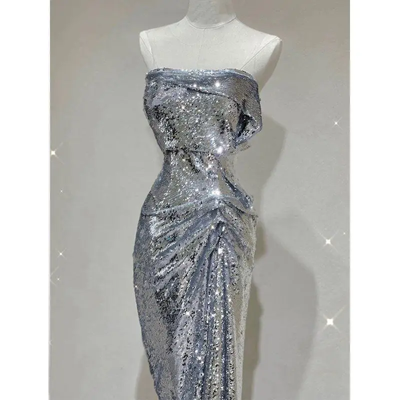 1Pc Ladies Exquisite Sequin Decorative Silver Evening Dress Elegant Temperament Fashion All-Match Light Luxury Strapless Dress