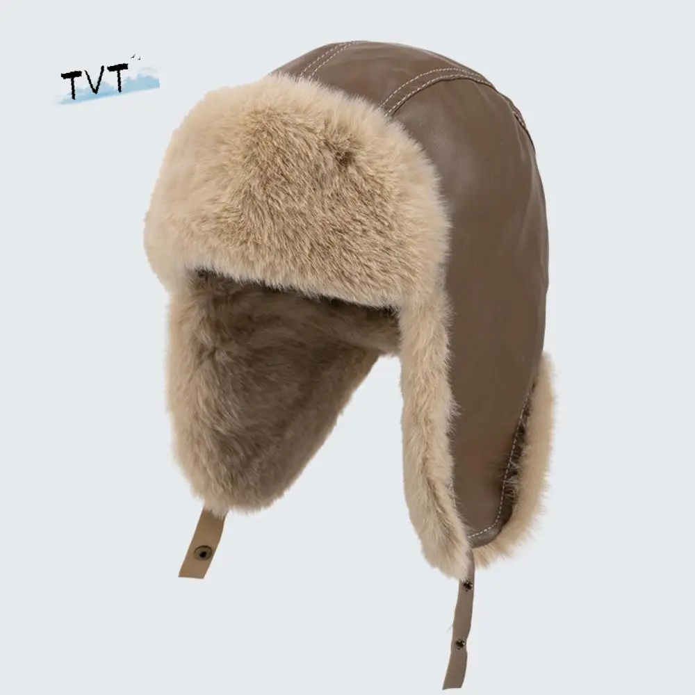 

Soft Pu Leather Winter Pilot Hat Beanie Caps Anti Fog Warm Ski Hat Thickened Neck Protector Plush Hat Biking