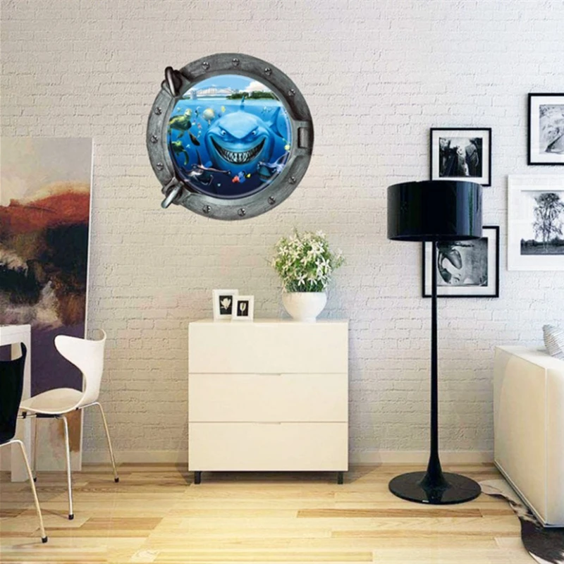 Sea View Submarine Window Fish Shark Turtle Vinyl Walls Art Porthole Stickers for Room Appliance Home Decoration Multi Choices