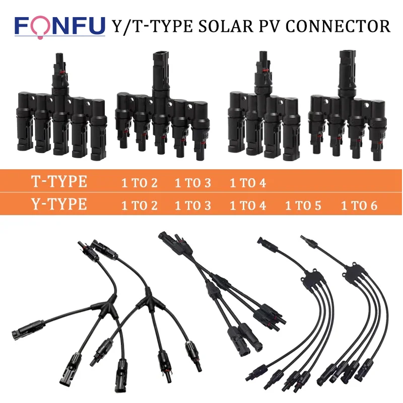 5Set PV Solar Connector T Type Y Type Branch Photovoltaic Connector Battery Module Panel PV Plug Wire 3 4 5 6 7 Way