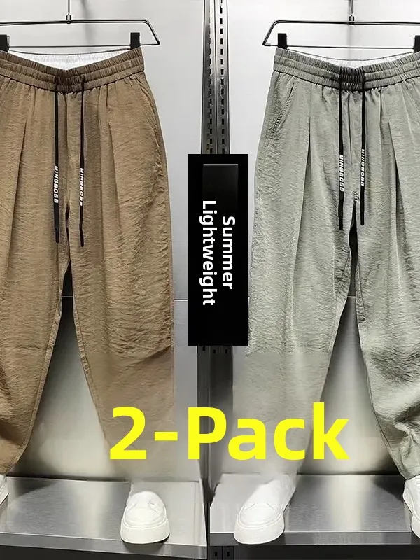 

Men's Casual Loose Fit Harajuku Pants Summer Thin Nine-Tenths Elastic Waist Long Trousers Durable Dirt-Resistant Workwear
