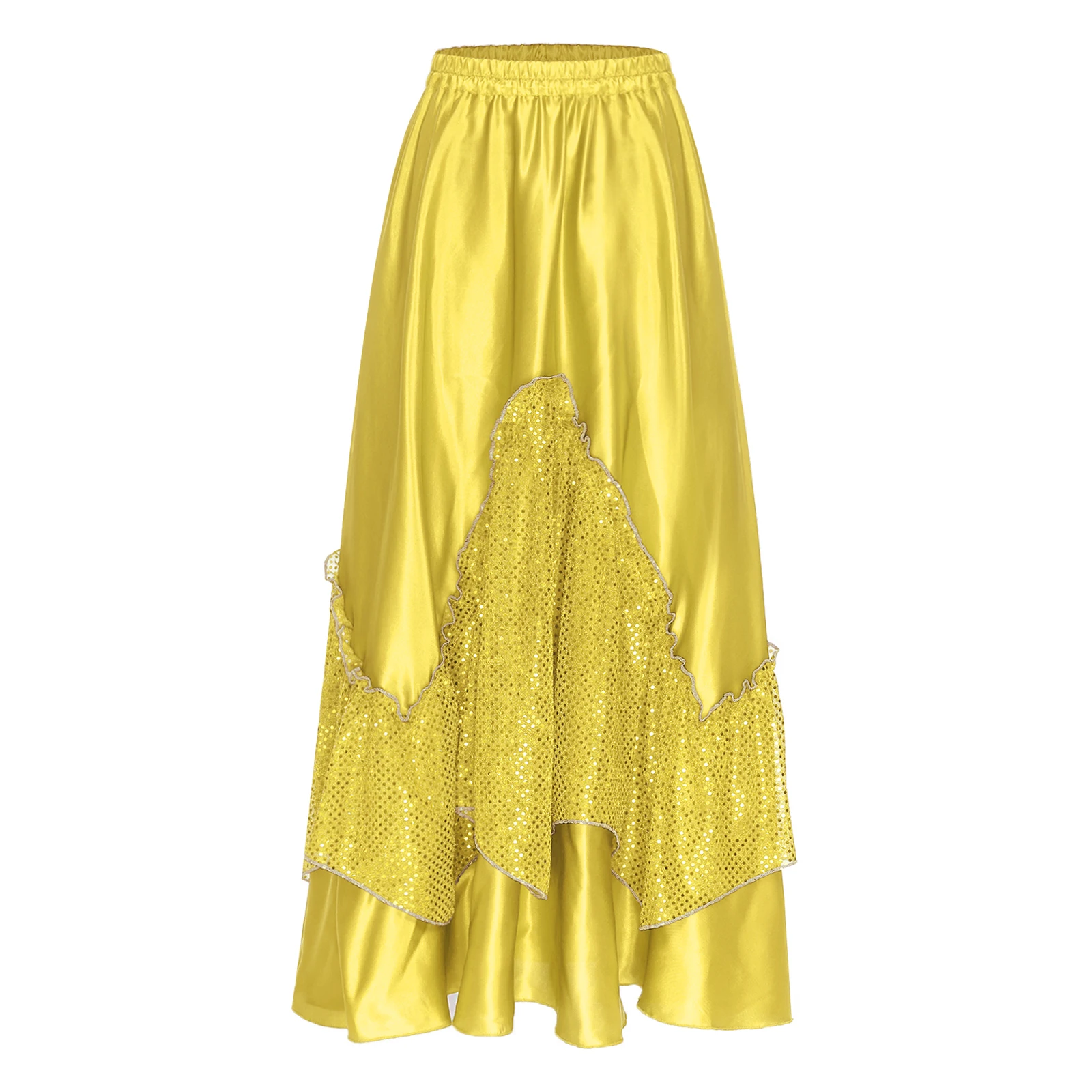Women Flamenco Spanish Dance Skirts Ballroom Dancewear Shiny Sequin Patchwork Big Swing Skirt for Tango Lyrical Dance Costume