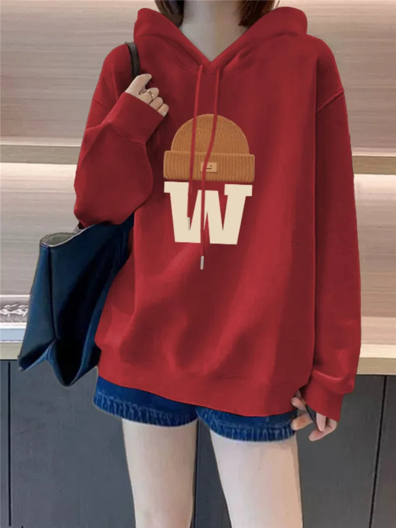 

American High Street Fleece Lined Thickened Hoodie Women's Winter New Casual Versatile Outerwear Top round Neck Long Sleeve