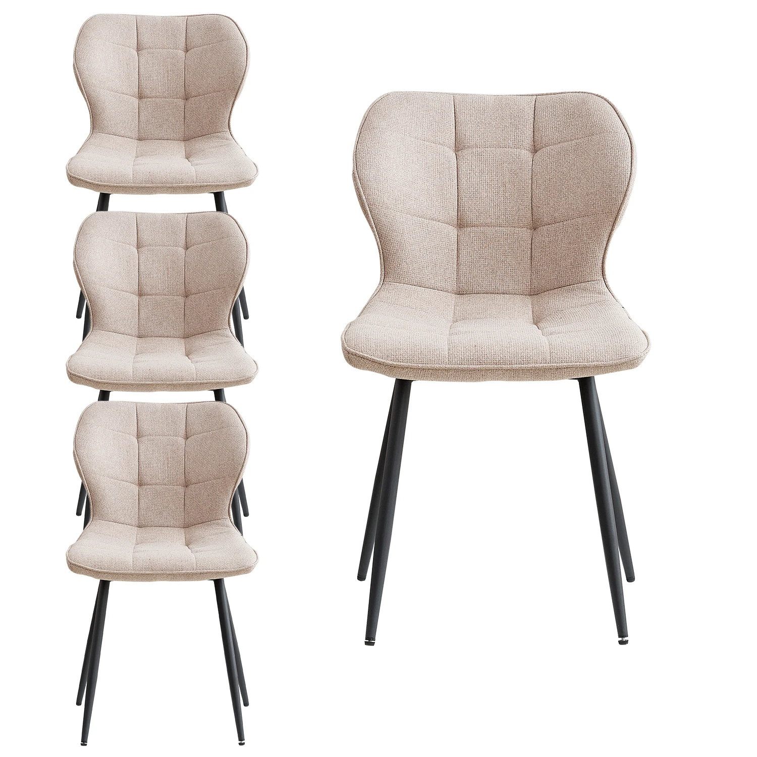 GrandCA HOME Set van 4 eetkamerstoelen in Scandinavische stijl, comfortabele eetkamerstoelen van linnenstof, stoelen met metalen poten beige/bruin/grijs/zwart