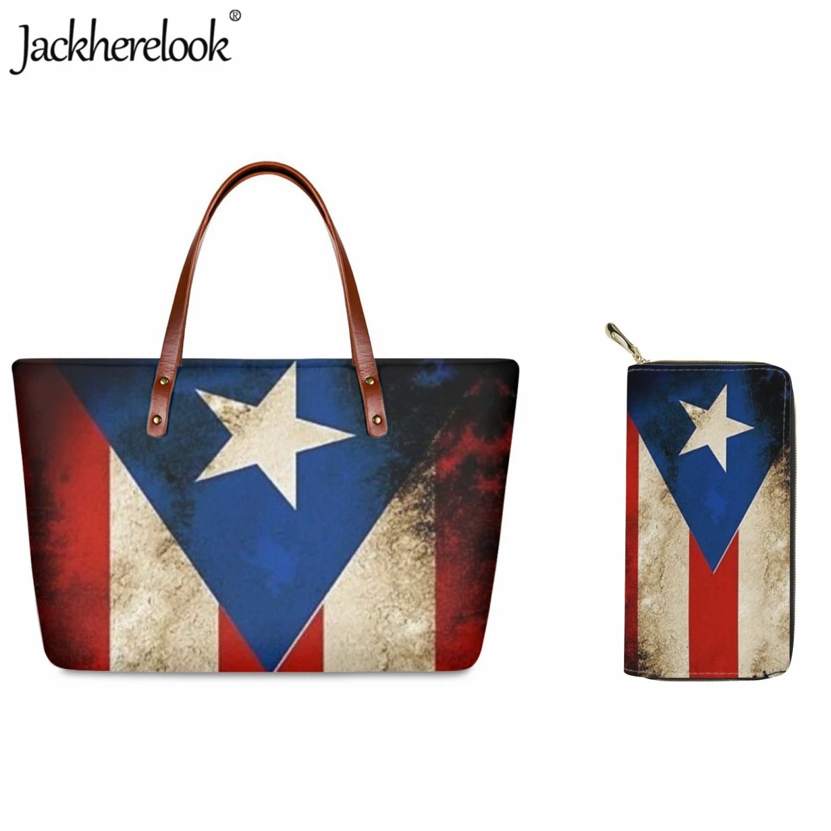 

Jackherelook Ladies Handbag Fashion Puerto Rico Flag Print Large Capacity Shoulder Bag Casual Shopping Tote Bag PU Wallet Set