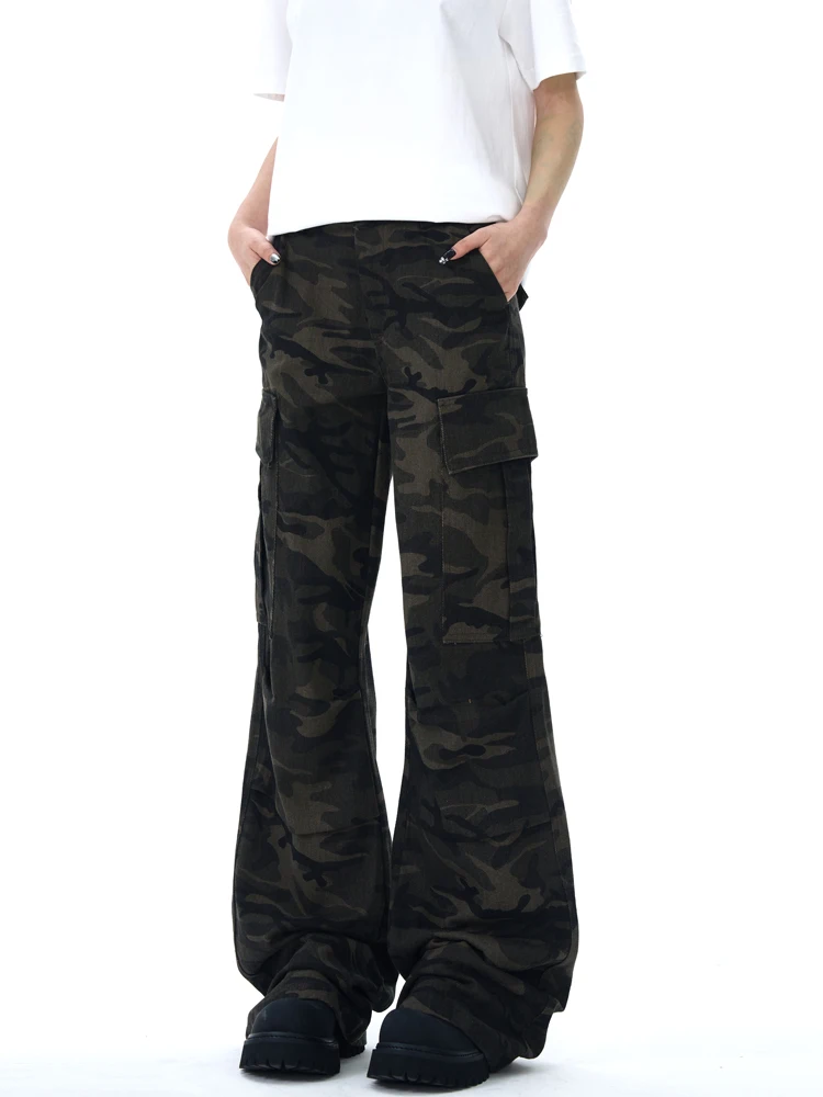 Yeboon American Retro Camouflage Work Pants Loose Straight Leg Bell Bottoms Unisex Casual Paratrooper Pants Cotton Blend